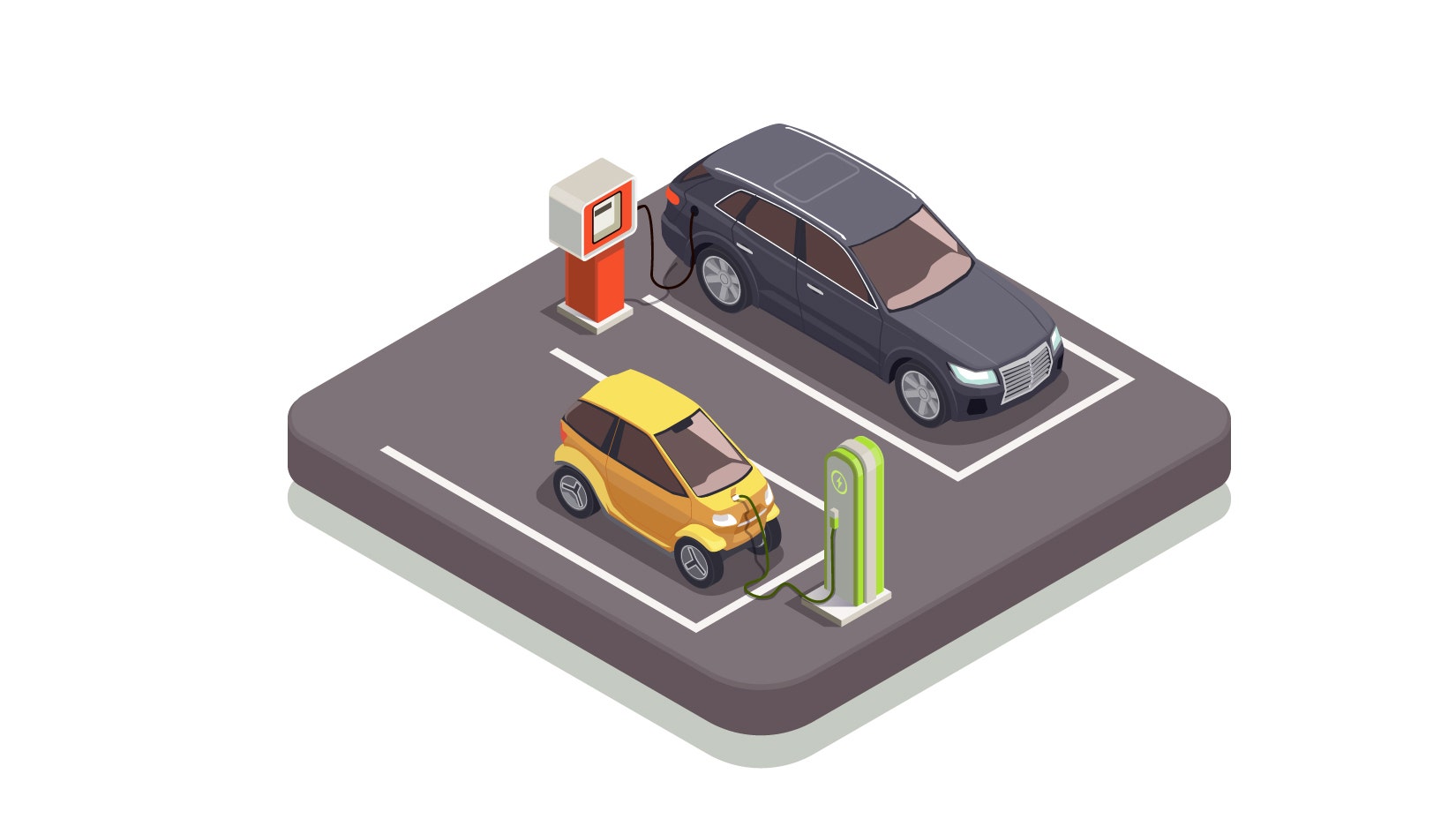 Two cars at refilling cng gas station and electric charging station