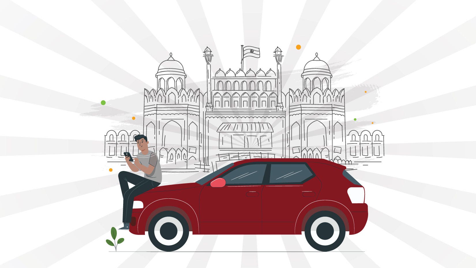 A man sitting on hood of car with background of India Redfort Vector art